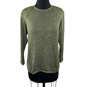 Vintage Ann McKenna Green Crochet Sweater Back Button Crew Long Sleeve Pullover